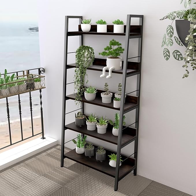 Himimi Ladder Bookshelf, 5 Shelf Bookcase Industrial Bookshelf Wood and Metal Bookshelves, Plant Flower Stand Rack Book Storage Shelves for Living Room, Bedroom, Home Office (2 PCS)