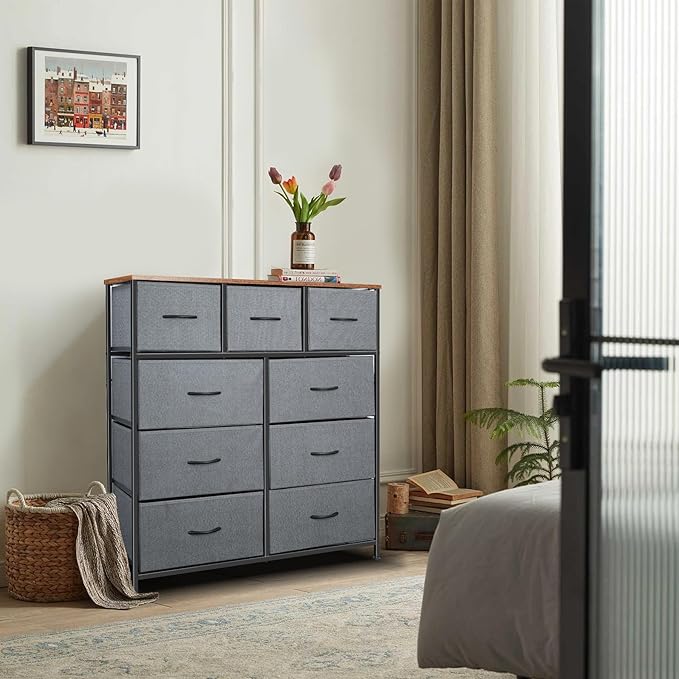 Dresser for Bedroom with 9 Drawers, Chest of Drawers, Storage Drawers Organizer Unit, Grey Wide Fabric Dresser with Fabric Bins for Closet, Living Room, Entryway (Grey and Rustic Brown)