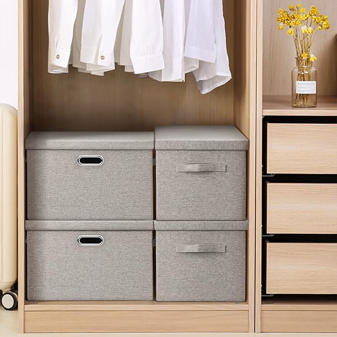 Large 17 36 Quart Collapsible Stackable Storage Bins with Lids, 1 Pack Beige Foldable Fabric Closet Storage Boxes with Lids, 4 Handles Toy Heavyduty Dark Gray Linen Storage Cube Box