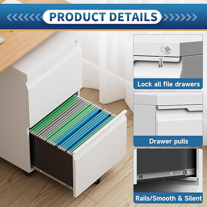 File Cabinet 2 Drawers on Wheels Under Desk,Locking Filing Cabinets for Home Office,Metal Vertical Files Drawers,Small Rolling Cabinet Printer Stand for Legal/Letter/A4( Assembly Required-White)