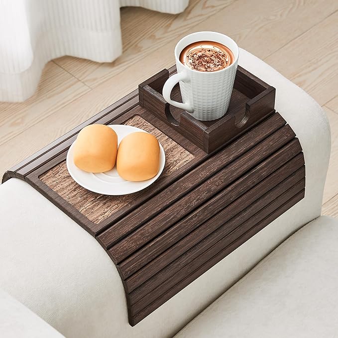 Bamboo Sofa Arm Tray Table, Foldable Couch Cup Holder, Anti-Slip Wide Couch Arm Tray Aremrest Table for Drink, Cup, Remote, Snacks, Cellphone, Portable, Brown