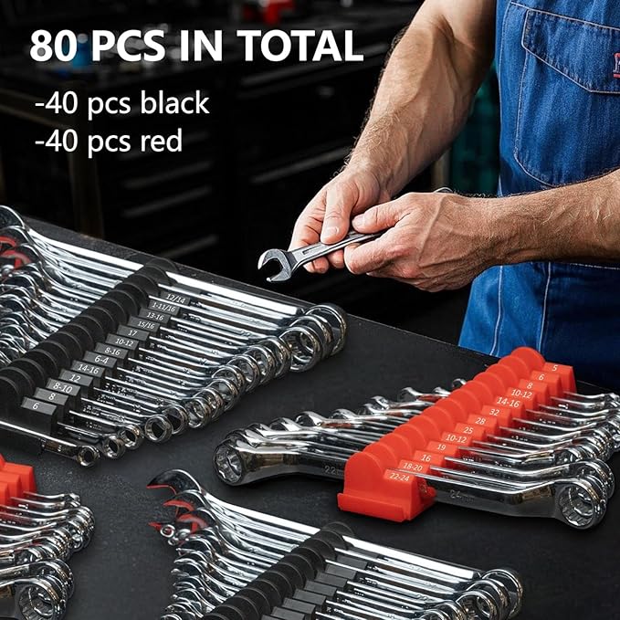 80 pcs MAGNETIC Modular Wrench Organizers for Tool Drawers - Wrench Rack with Metric & SAE Labels, Perfect Tool Storage Holder. Gift for father, brother and boyfriend (With Magent) (Black and Red)