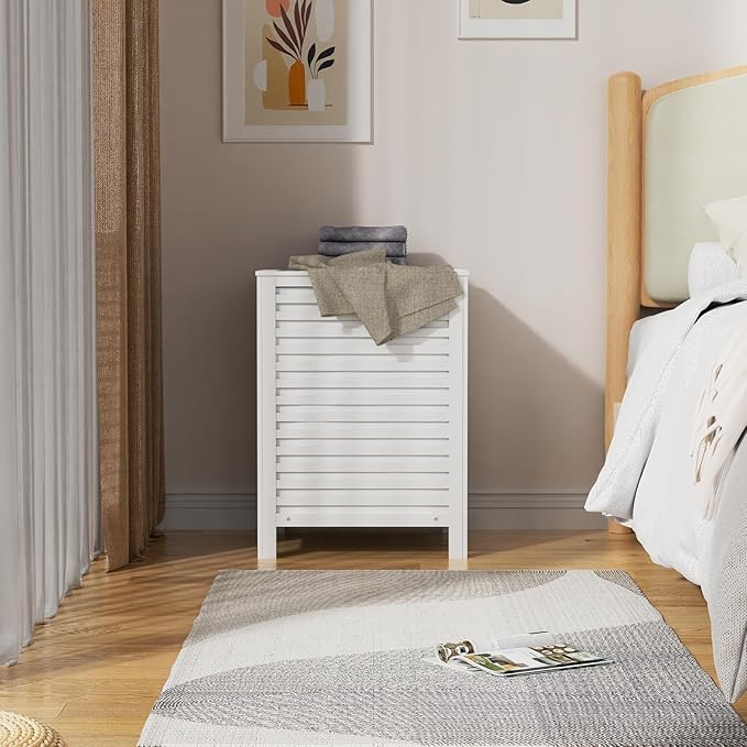 VASMIA Laundry Hamper with Lid, 90L Bamboo Large Laundry Basket with Removable Bag,Dirty Clothes Hamper for Bedroom Bathroom White