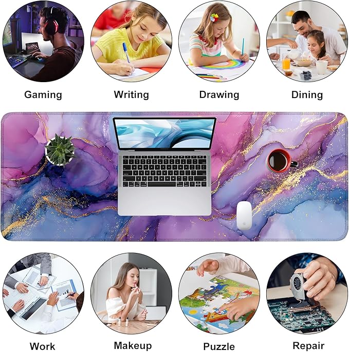 Purple Marble Ink Mouse Pad – Large Extended Desk Mat 31.5 x 11.8 in– Alcohol Ink Watercolor with Gold Vein Design, Non-Slip Base, Waterproof Surface, Aesthetic Keyboard & Mouse Pad