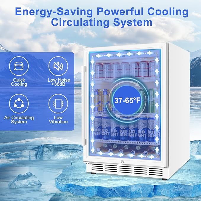 24 Inch Beverage Refrigerator with Glass Door, Undercounter Beverage Fridge 200 Cans Large Capacity, Beverage Cooler for Beer Soda with Reversible Door, Temperature Control, Safety Lock, White