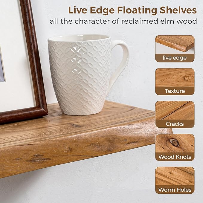 Axeman 32 inch Floating Shelves for Wall - 8'' D Live Edge Rustic Solid Elm Wood Floating Shelves Wall Mounted, Wall Shelves with Invisible Bracket for Living Room Bedroom Kitchen, Set of 2 Natural