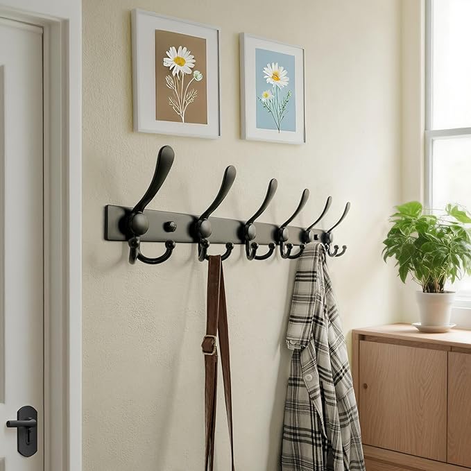 Dseap Coat Rack Wall Mount 2.0 Pro: 24” Long, 3X Tougher, Heavy Duty Stainless Steel Wall Coat Hanger with 6 Tri Hooks for Clothes Jackets Hats Entryway Closet, Black, Pack of 2