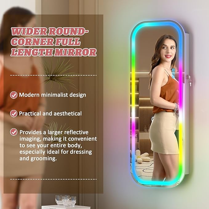 LVSOMT Round Mirror Jewelry Cabinet Door Hang, Jewelry Armoire with Mirror Wall Mounted, Hanging Mirror Jewelry Organizer, Full Length Mirror with Jewelry Storage, RGB Lights