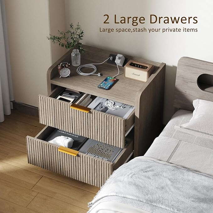 Fluted Nightstand with Charging Station, 23.6" Modern Night Stand with 2 Drawers, Side Table with Storage, Bedside Table for Bedroom, Living Room, Grey