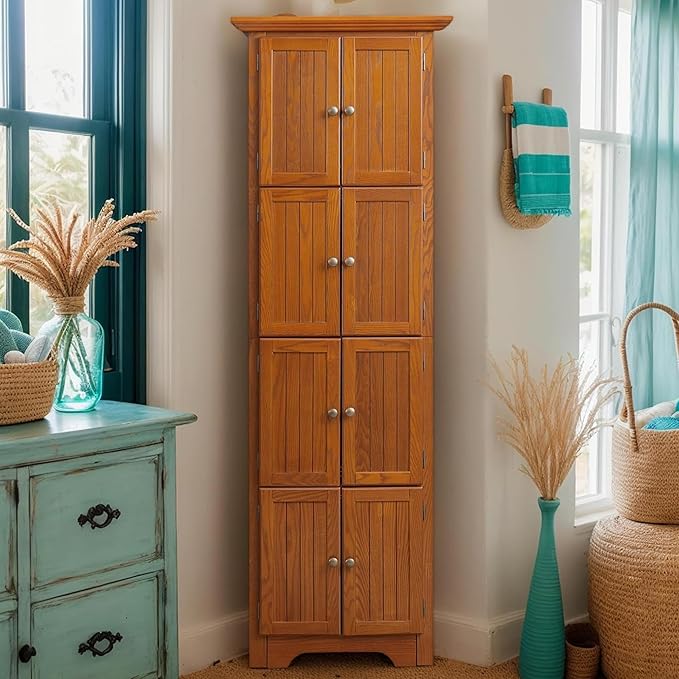 72" H Farmhouse Corner Storage Cabinet with 8 Doors & 4 Shelves, 4 Tier Kitchen Corner Pantry Cabinet Wooden Organizer Case Bookshelf, Home Space Saver Cabinet for Kitchen,Living Room (Oak)