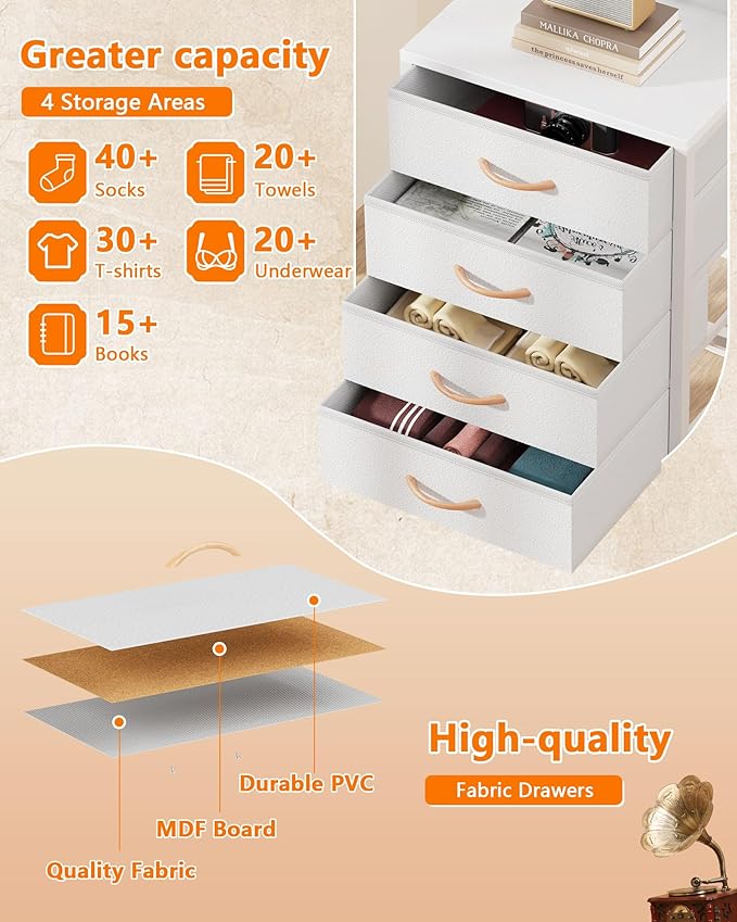 Furnulem White Nightstand, 38 inches Tall Night Stand with Charging Station and LED Lights, Bedside Table for Bedroom, Office, Hallway, 4 Fabric Drawers, Metal Frame, Wood Shelves