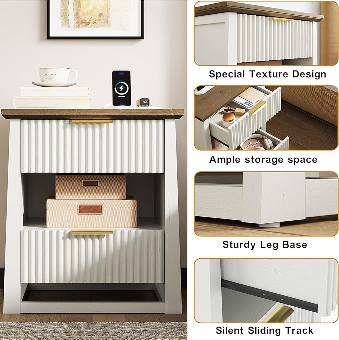 HIFYOBRO Fluted Nightstands with Charging Station & Motion Sensor Light, Modern Bedside Tables with 2 Drawers and Storage Shelf for Bedroom, White