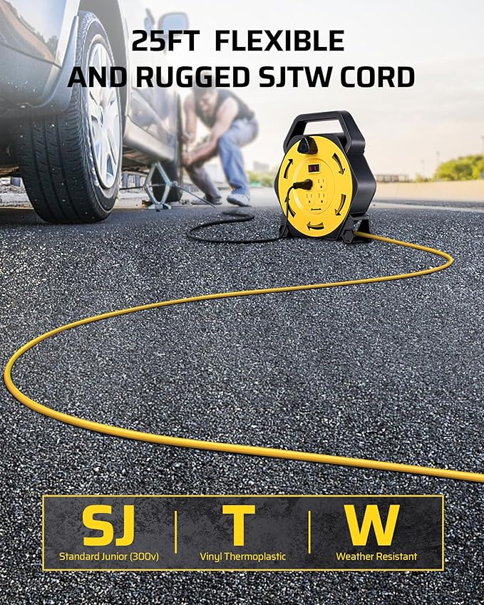 DEWENWILS Extension Cord Reel with 25 FT Power Cord, Hand Wind Retractable, 16/3 AWG SJTW, 4 Grounded Outlets, 13 Amp Circuit Breaker, Yellow, Yellow Cord, UL Listed
