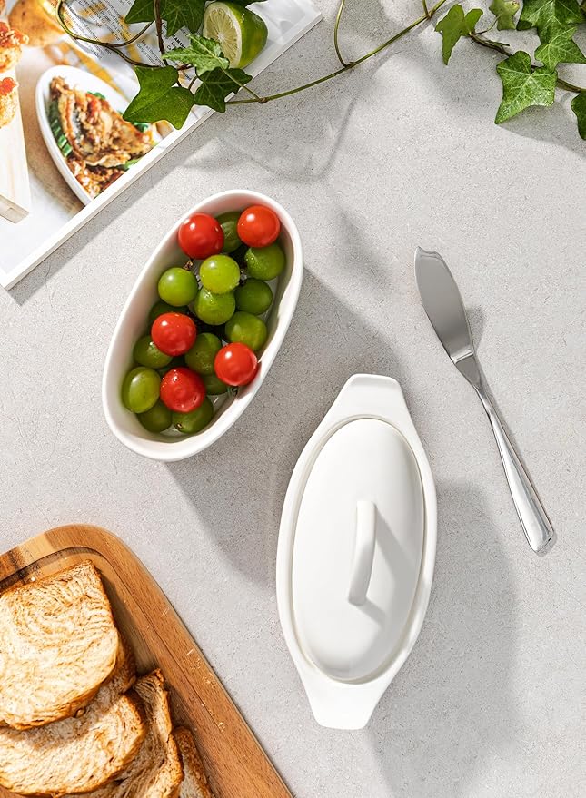 Butter Dish with Lid for Countertop - Porcelain White, 3pcs Large Butter Dish with Lid, Butter Keeper Container with Waterline Pefect for Daily Storage, Butter Holder with Handle - for Kitchen Decor