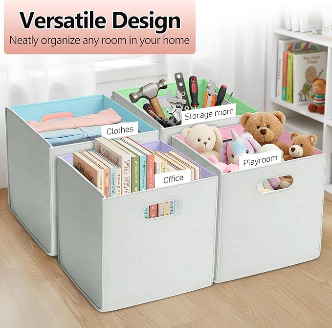 6 Pcs 11 Inch Colorful Felt Storage Cubes with Handle, Collapsible Fabric Storage Cubes Toy Bins Foldable Baskets for Nursery, Playroom, Kids Room, Toys, Books, Clothes(Gray-macaron)