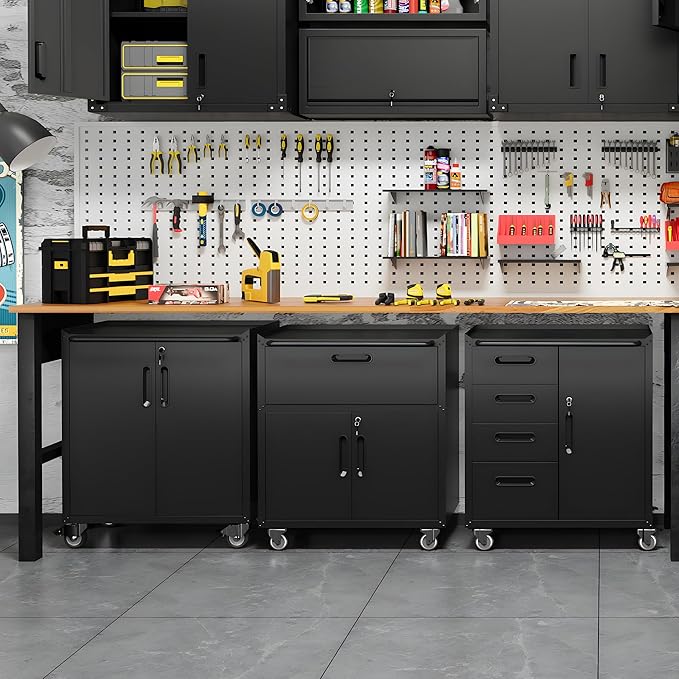Metal Tool Cabinet,Garage Storage Cabinet System,Wall Cabinet & Locking Rolling Tool Cabinet with Doors and Adjustable Shelves,Steel Tool Cabinets for Home (2 Pcs-Styled, Black)