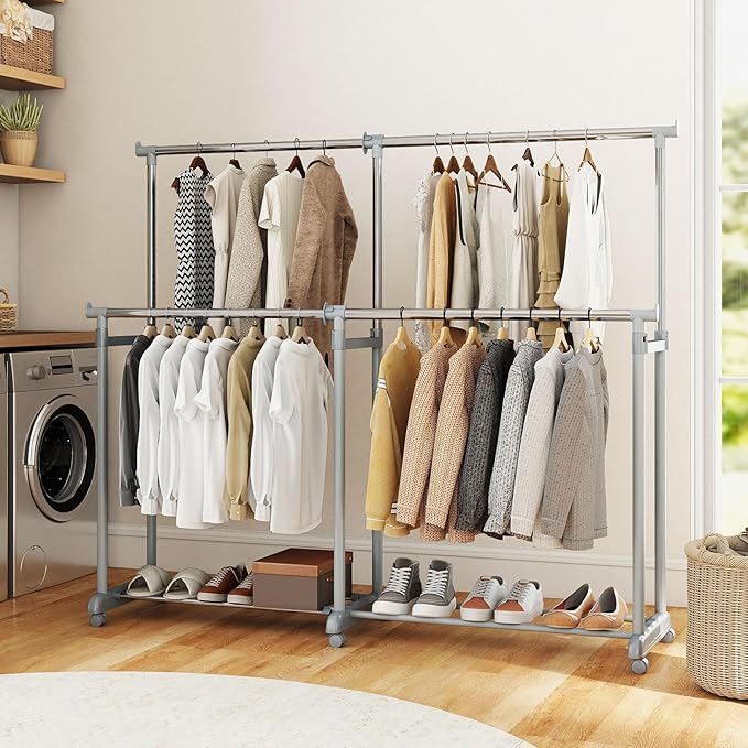 COSTWAY Double Rod Clothing Rack, Heavy-Duty Metal Garment Rack with Extendable Height & Width, Adjustable Rolling Closet Rack for Hanging Clothes with Wheels for Dressing Room, Laundry, Living Room
