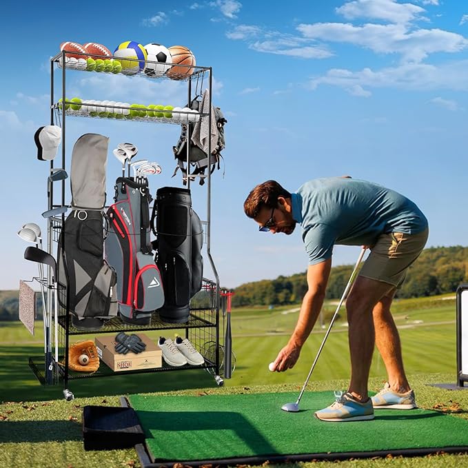 Golf Bag Storage Garage Organizer, 3 Golf Bags Organizer and Golfing Equipment Accessories Storage Rack, Sports Equipment Storage Organizer with Wheels, 4 Hooks, and Extra Club Display Rack