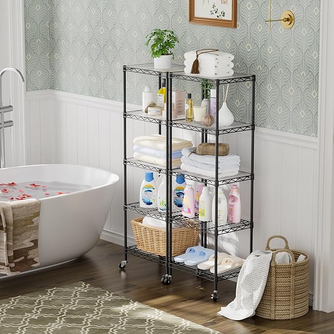 SINGAYE Shelf Closet Wire Shelving：Adjustable Metal Unit for Laundry Room Organization Bathroom Kitchen Home Storage with Wheels Small Pantry Rack Shelves