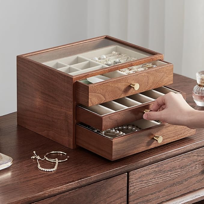 Black Walnut Wooden Jewelry Box Women large 3 Layer Drawer Organizer Box with Glass Lid for Necklaces, Watch, Necklace, Ring, Earring Storage - Christmas Gifts