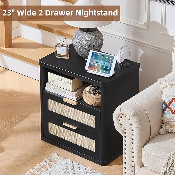 LEYAOYAO Rattan Nightstands Set of 2 with Charger Station, 23" Wide Boho Night Stand with 2 Drawers, Black Bedside Table Open Shlef, Bed Side End Table Dresser for Bedroom, Living Room Hallway