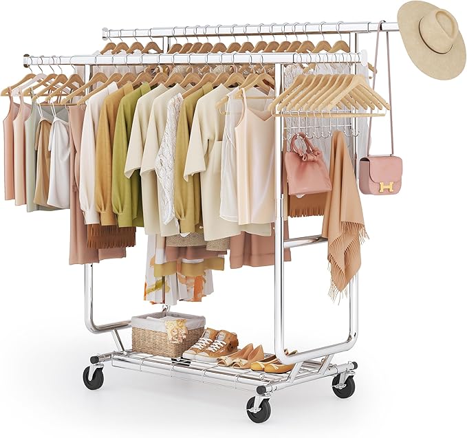 Heavy Duty Clothes Rack Load 620 Lbs, Double Rod Rolling Clothing Rack With Sturdy Wheel And Shelves，Adjustable Portable Hanging Rack For Clothes,Silver Stainless Steel