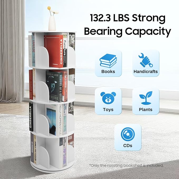 Rotating Bookshelf,360 Display Round Bookshelf,4 Tier Floor Standing Bookcase Storage Rack,Narrow Swivel Book Shelf Organizer for Bedroom,Living Room
