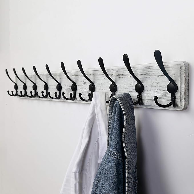 Dseap Coat Rack Wall - Heavy-Duty 38-1/4" Long, with Reinforced 10 Custom Tri-Hooks, Solid Wood Wall Hanger for Coats Hat Jackets - Rustic Farmhouse Entryway Storage, White & Black, Pack of 2