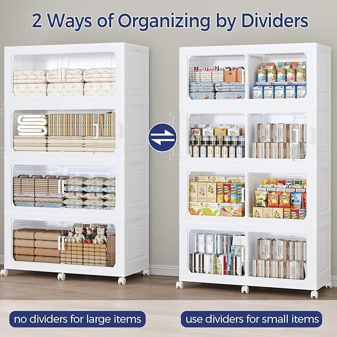 200Gal Stackable Storage Bins with Lid, 800Qt Extra Large Collapsible Storage Box with Wheels, Dividers, Folding Plastic Cabinet Closet Organizers for Home Kitchen Office Dorm, 4Pack White