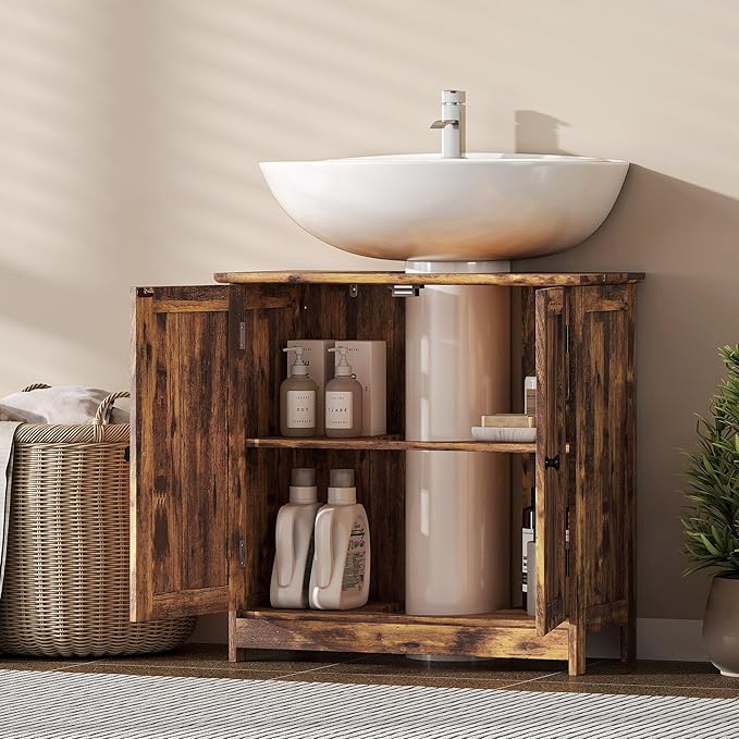 HOMCOM Under Sink Bathroom Cabinet, Pedestal Sink Storage Cabinet with 2 Doors, Shelf and U-Shape, Rustic Brown