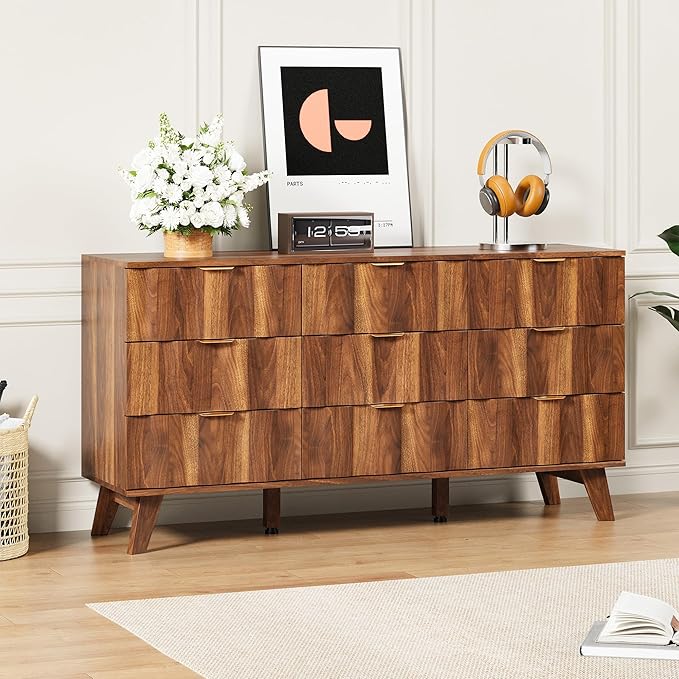 9 Drawer Dresser, Modern Fluted Storage Dresser with Deep Drawers and Metal Handles, Wood Chest of Drawers Storage Organizer for Bedroom, Living Room, Hallway (Walnut)