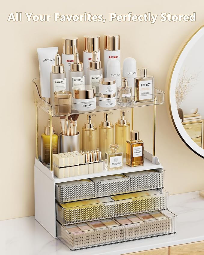 Bathroom Organizers and Storage, Makeup Organizer (Sturdy Durable Attractive), Ideal for Vanity, Countertop, Counter, Perfume, Skincare, Cabinet, Cosmetic, Dresser Organizer (White)
