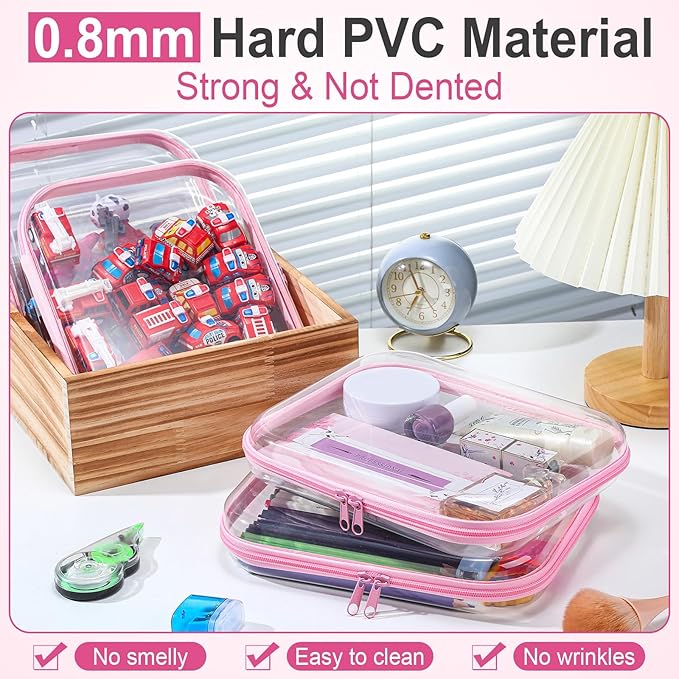 Sanwuta 6 Pcs Clear Hard Zipper Case Hard Plastic Zipper Pouches Transparent Makeup Bag Pencil Pouches for Travel Snacks Christmas Trinket Storage Organizer Box(Pink,9.84 x 7.87 x 2 Inch)