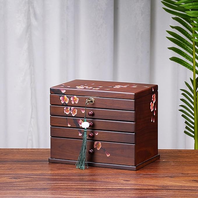 Vintage Wooden Jewelry Boxes with Lock & Key - Hand-Painted Large Jewelry Organizer, 6-Layer jewelry organizers and storage, Rustic Tabletop Jewelry Storage Box for Women/Men
