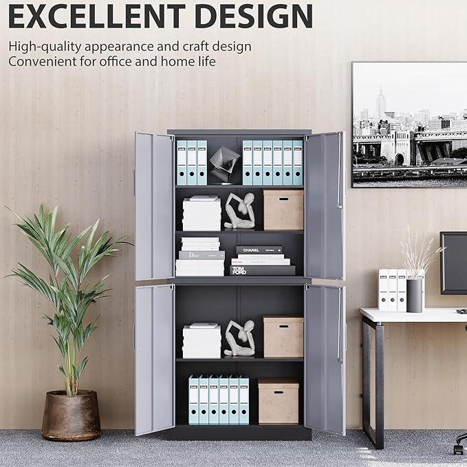 Metal Storage Cabinets with Doors and Shelves,71" Metal Garage Storage Cabinet with Lock,Gray Steel Cabinet with Locking Doors,4 Door Lockable Storage Cabinets for Garage,Home,Office
