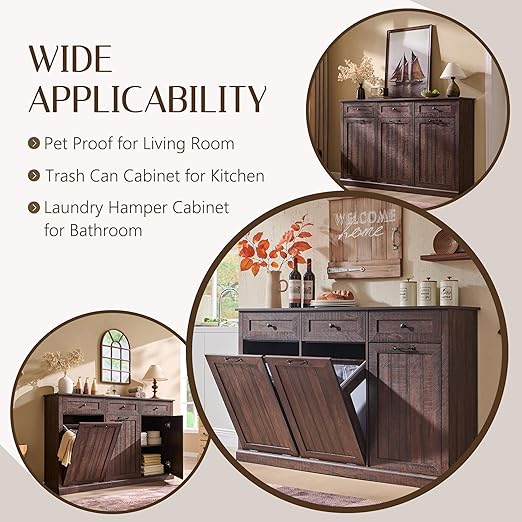Triple Tilt Out Trash Can Cabinet, 20 Gallon Farmhouse Laundry Hamper Cabinet w/3 Drawers & Adjustable Shelf, Hidden Wooden Trash Can Cabinets with Storage Basket for Kitchen (Brown)