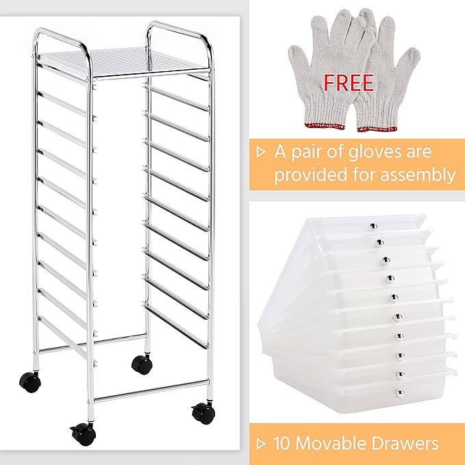 Yaheetech 10 Drawer Cart Rolling Plastic Storage Cart and Organizer Multipurpose Mobile Rolling Utility Storage Organizer for Home Office School and Workshop, White