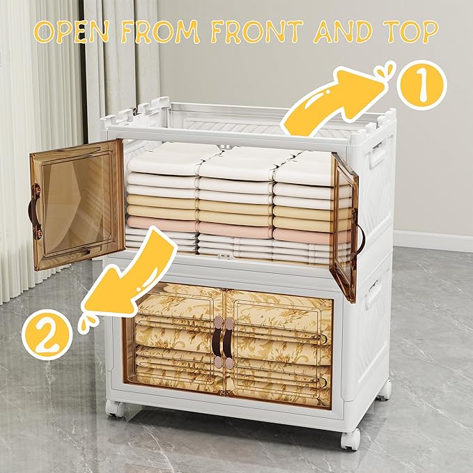 Storage Bins with Lids and Wheels, Collapsible Bathroom Storage Cabinet with Clear Doors, Plastic Stackable Closet Organizers and Storage Containers White 314 QT