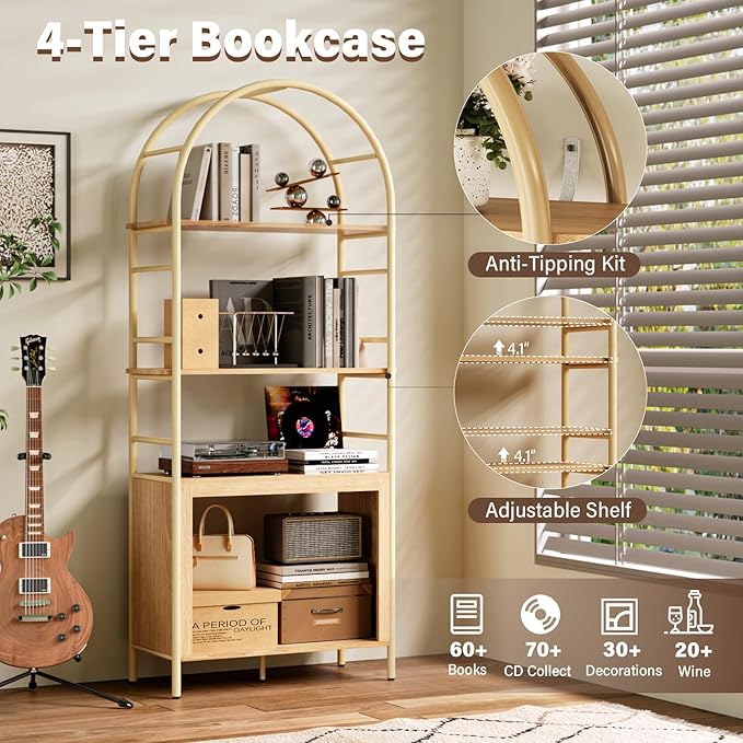 BREEZEHEAT 4-Tier Arched Bookshelf, 72" Tall Bookcase with Storage Shelves, Floor Standing Open Display Storage Shelf with Metal Frame, Large Organizer for Living Room, Home Office, Bedroom, Natural