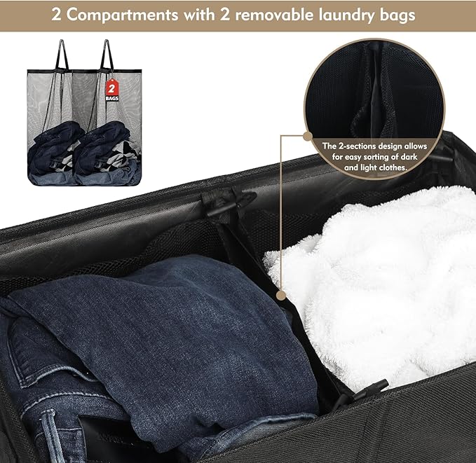 DOKEHOM 150L Double Laundry Basket with Lid and Removable Laundry Bags, Large Collapsible Laundry Hamper with 2 Sections for Bedroom, Bathroom, Laundry Room, Colloge (Black)