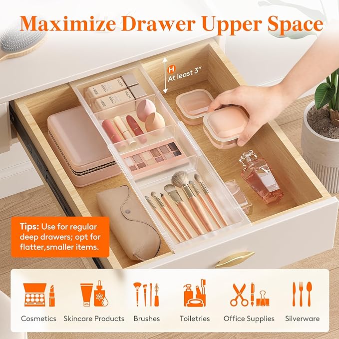 Lifewit Sliding Makeup Drawer Organizer Trays with Inserts, Extendable Hanging Desk Drawer Divider, Fits 13-20" Deep Drawers, 1.8" High Plastic Organizer Tray for Vanity, Office, Kitchen, Translucent