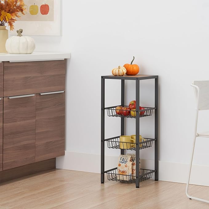 TRINITY 4-Tier Freestanding Metal Shelving Rack with Wire Baskets, Wood Top, and Adjustable Feet, 12"x12"x30", Dark Gray + Oak Brown Top