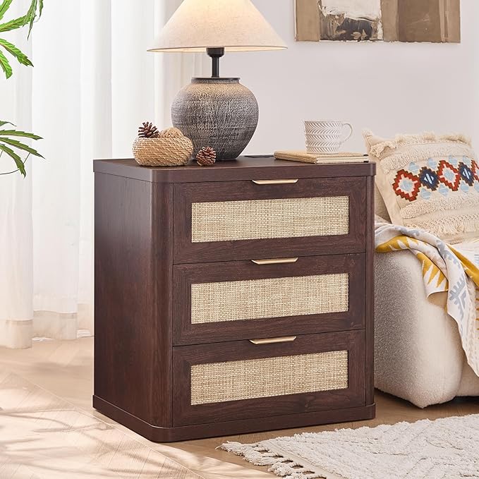 LEYAOYAO Rattan Night Stand with Charger Station, 23" Large 3 Drawer Boho Nightstand, Walnut Bedside Table Storage Cabinet, Bed Side End Tables for Bedroom, Living Room, Hallway