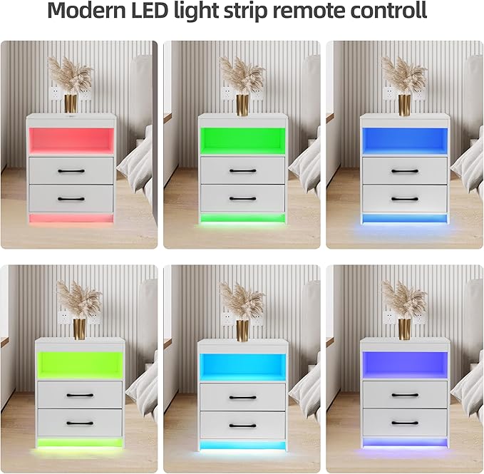 Night Stand with Charging Station and Ambient Light, LED Nightstand with USB-C Ports and Outlets, Morden Bedside Table with 2 Drawers and Open Compartment, End Table for Bedroom, White