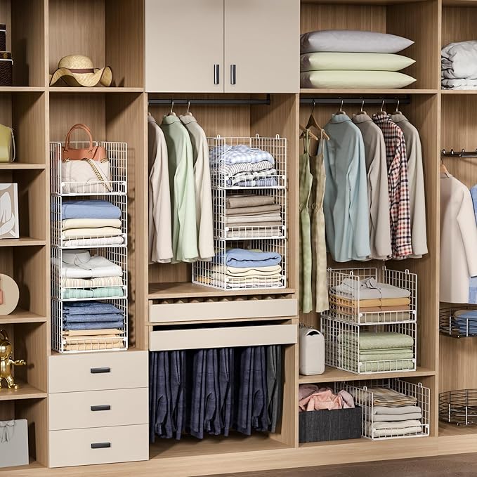Stackable Closet Organizers and Storage - 4-Tier Stackable Storage Bins, Foldable Closet Shelf Organizer Basket, Clothes Organizers Shelves for Organizer System(15.7"x11.8"x34.64")