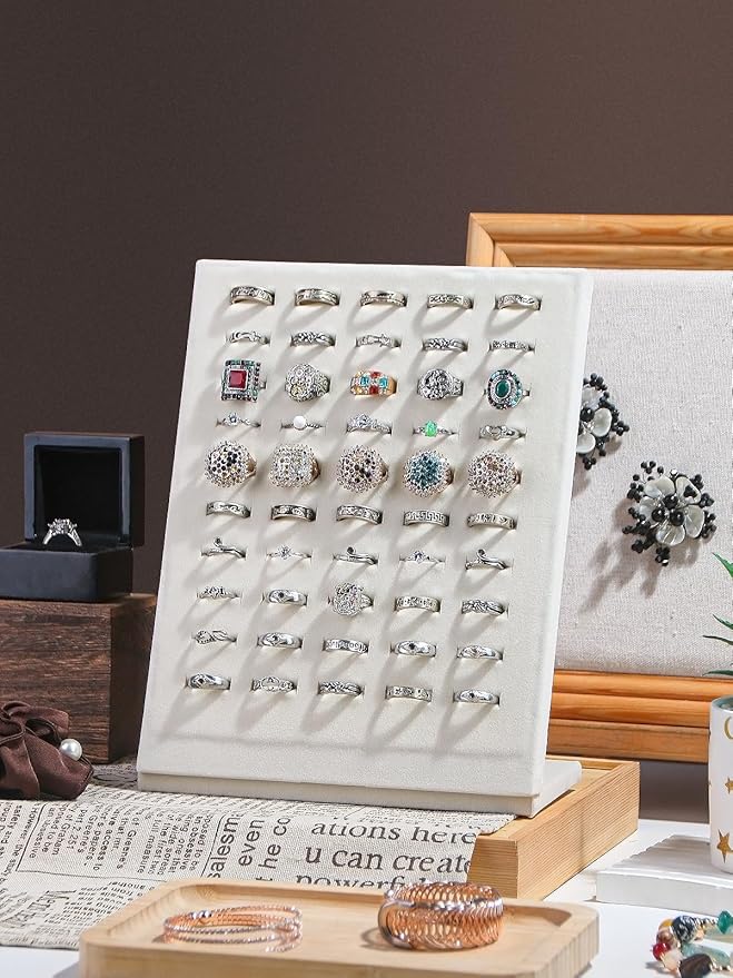 50 Slots Rings Display Stand, Ring Organizer Holder Stand for Selling, Ring Jewelry Pad Showcase Storage Tray for Home or Shop Sell Show (Beige 1PC)