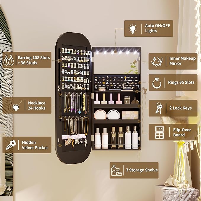 LVSOMT LED Mirror Jewelry Cabinet, Wall/Door Mount Jewelry Mirror Organizer, Rounded Full Length Mirror with Storage, Lockable Jewelry Armoire, 16" Wide, Foldable Shelf, Interior Mirror, Black