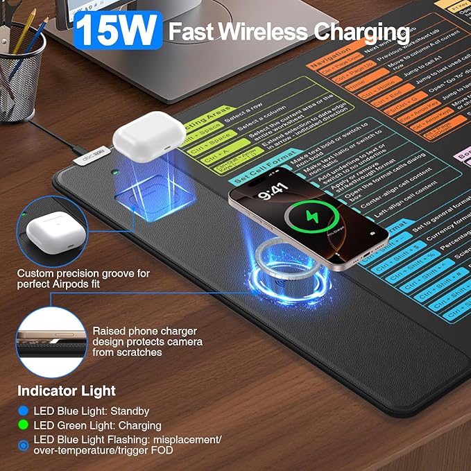 Wireless Charging Mouse Pad with Excel Formulas Shortcuts, 31.5"x15.8" Extra Large Office Spreadsheet Cheat Sheet Desk Mat, Waterproof Ultra-Smooth Surface, Non-Slip Base