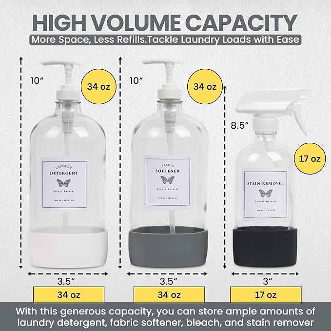 Glass Laundry Detergent Dispenser Set w/Silicone Base, 34 oz Laundry Pump Dispensers x 2, 17 oz Laundry Dispenser x 1 for Liquid Detergent/Stain Remover, Concentrated Laundry Detergent Dispenser