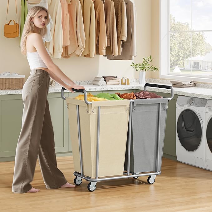 Large laundry hamper with Wheels, 2 Bag 360L Big Rolling Laundry Basket Sorter Cart, Extra Large Laundry Clothes Hamper, Heavy Duty Laundry Basket Organizer for Laundry Room,Bathroom